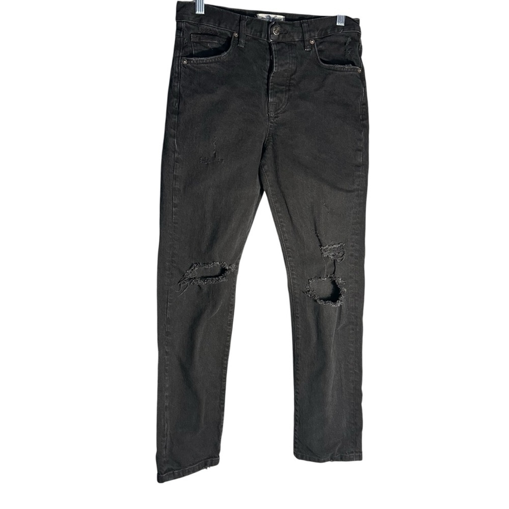 We The Free Washed Black Straight Leg Busted Knee High Rise Jeans Sz 26